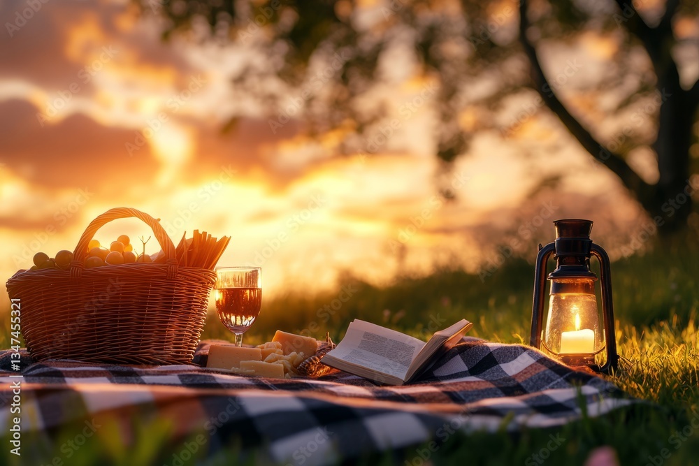 Sunset picnic with wine, cheese, and a book in a serene outdoor setting