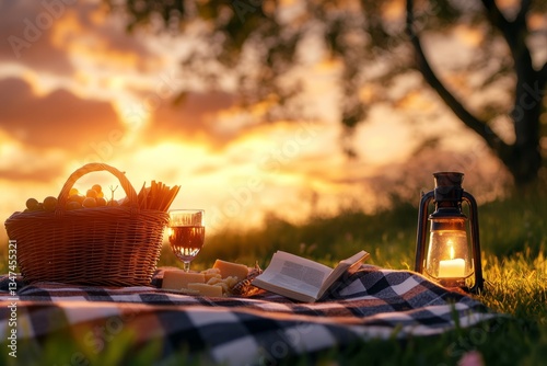 Obraz na płótnie Sunset picnic with wine, cheese, and a book in a serene outdoor setting w salonie