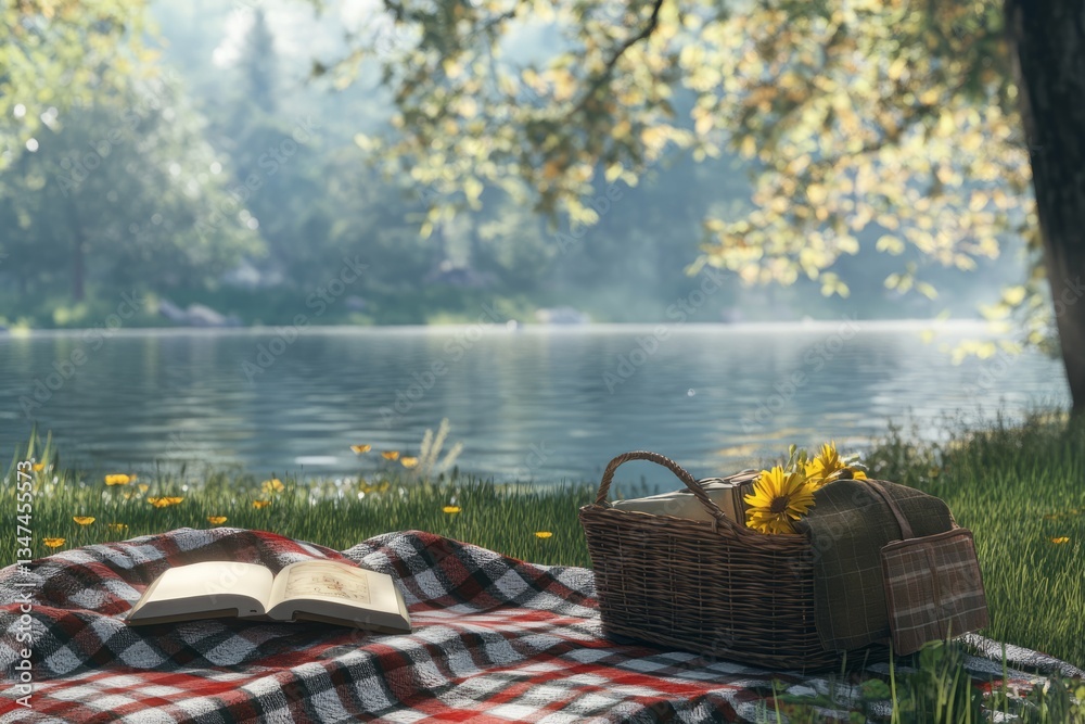 Enjoying a peaceful afternoon by the lake with a cozy picnic and captivating book amidst nature’s beauty
