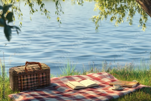 Obraz na płótnie Relaxing lakeside picnic with a basket, blanket, and a book during a sunny afternoon near a calm water body w salonie