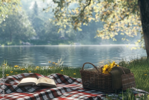 Obraz na płótnie Enjoying a peaceful afternoon by the lake with a cozy picnic and captivating book amidst nature’s beauty w salonie
