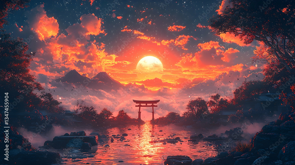 Fototapeta premium Pixelated Sunset Landscape With Torii Gate