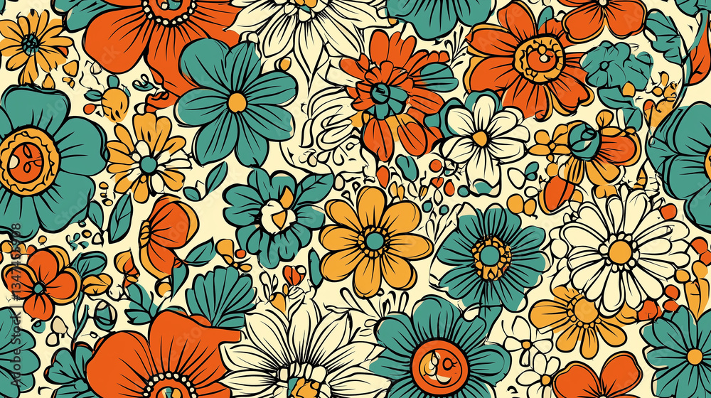 Fototapeta premium Seamless pattern of decorative floral motifs in vibrant colors
