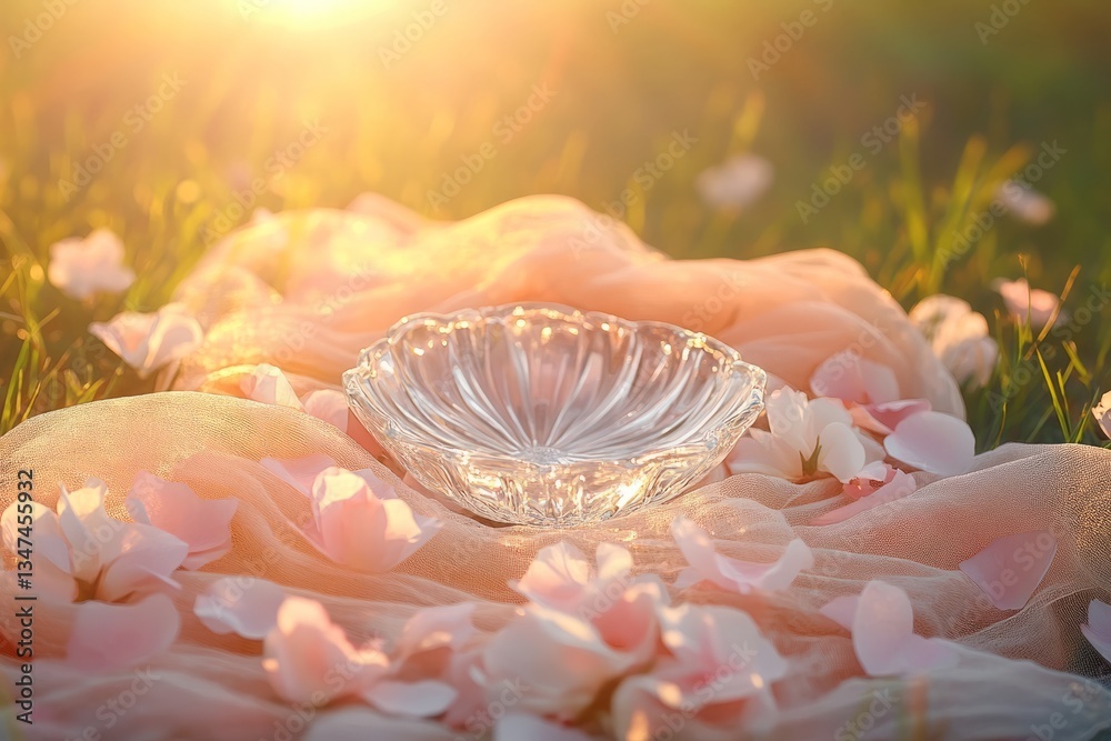 Elegant glass dish surrounded by pink petals on fabric in a sunlit field during golden hour