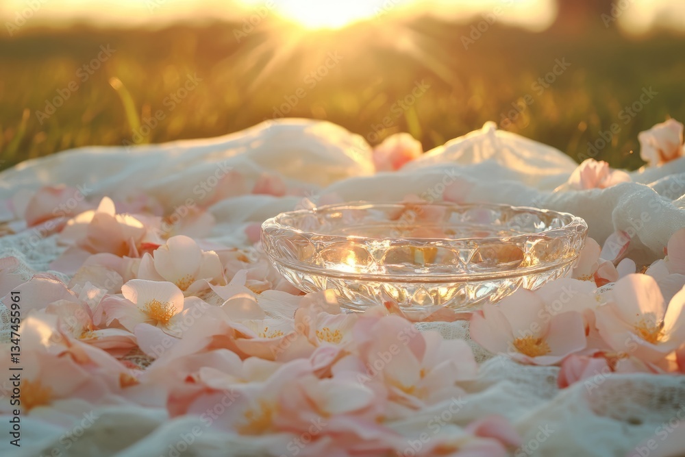 Soft sunlight illuminating a glass bowl surrounded by delicate petal flowers on a serene grassy surface at sunset