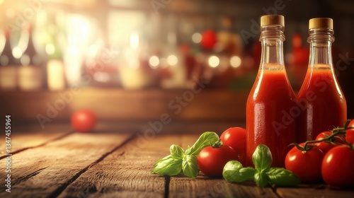 Bottles of homemade tomato sauce on a wooden countertop, fresh ripe tomatoes and basil leaves nearby, warm rustic lighting