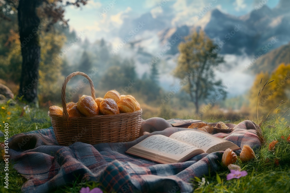 Morning picnic in a serene mountain landscape with baked goods and an open book