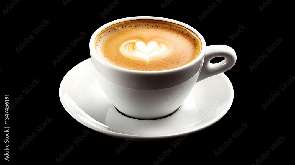 White Coffee Cup With Heart Latte Art On Saucer Isolated Against Black Background White Coffee Cup With Heart Latte Art On Saucer Isolated Against Black Background