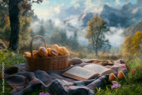 Obraz na płótnie Morning picnic in a serene mountain landscape with baked goods and an open book w salonie