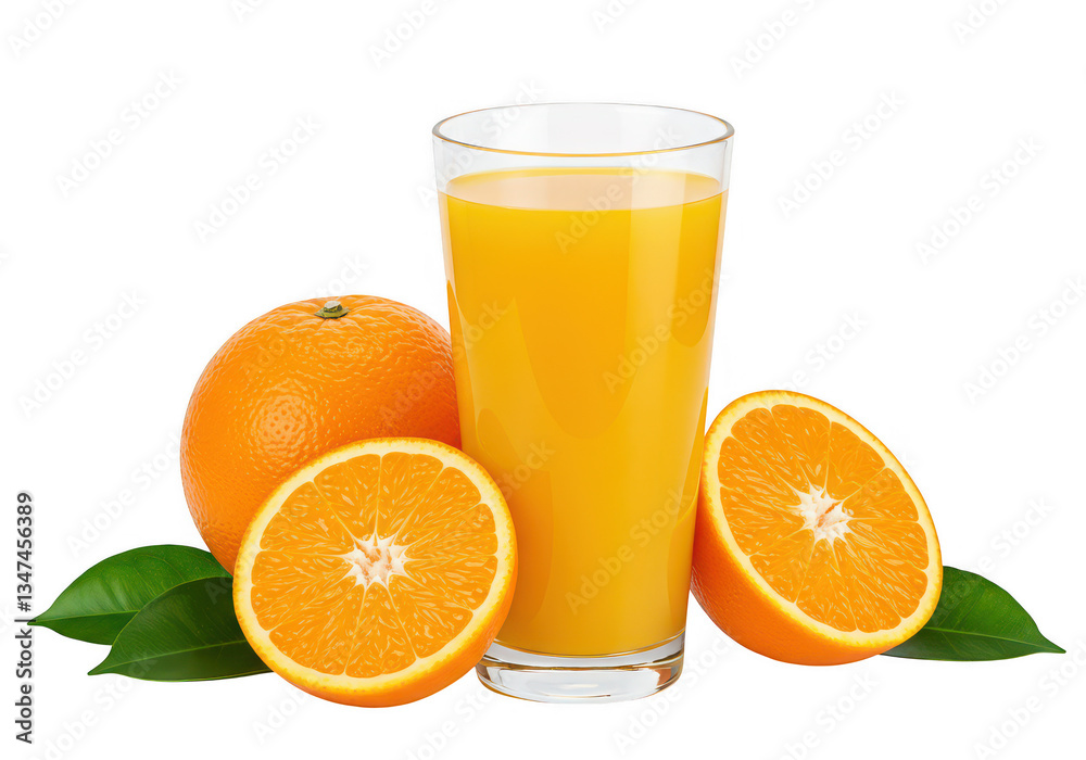 A glass of orange juice with whole and halved oranges A glass of orange juice with whole and halved oranges
