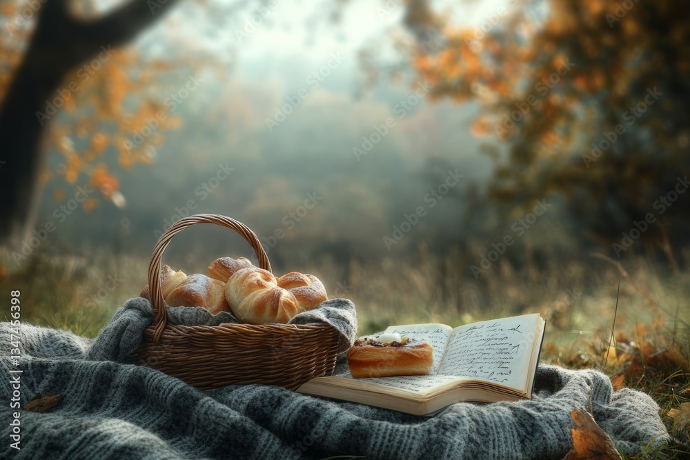 Cozy autumn picnic with pastries and a journal in a tranquil outdoor setting