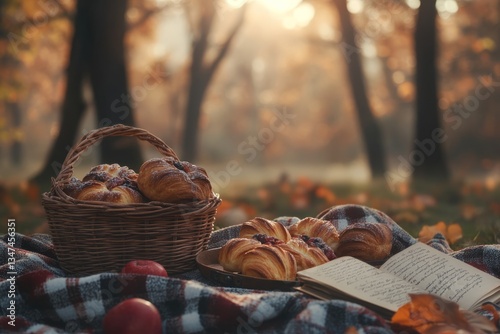 Obraz na płótnie Autumn picnic with fresh pastries and a cozy atmosphere in a tranquil forest setting w salonie