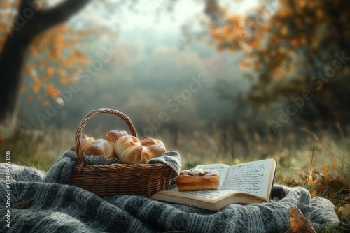 Obraz na płótnie Cozy autumn picnic with pastries and a journal in a tranquil outdoor setting w salonie