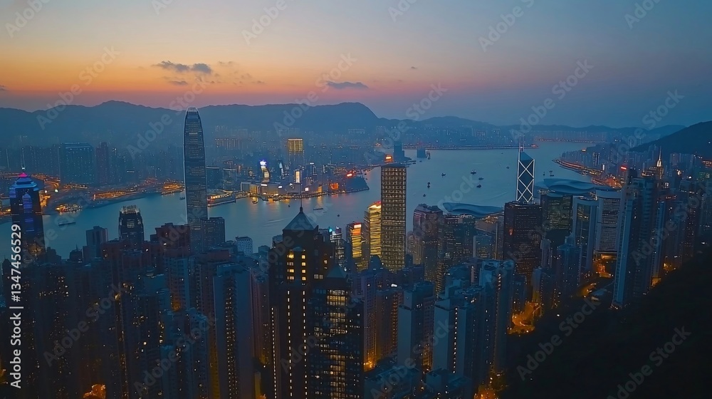 Fototapeta premium Hong Kong Skyline at Dawn: A Panoramic View from the Peak