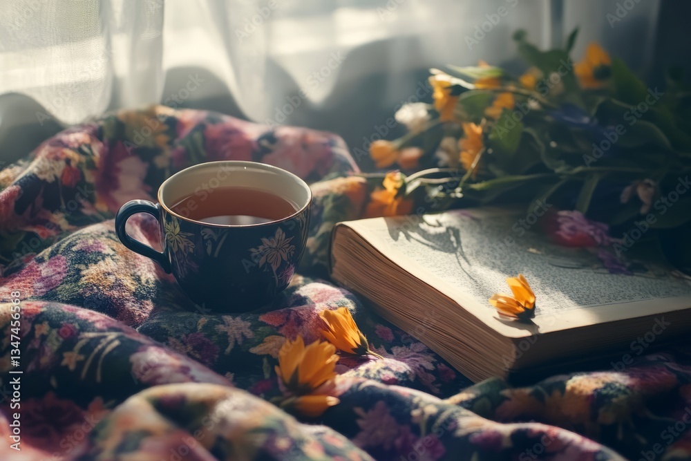 Warm cup of tea beside an open book with flowers on a cozy blanket in soft morning light