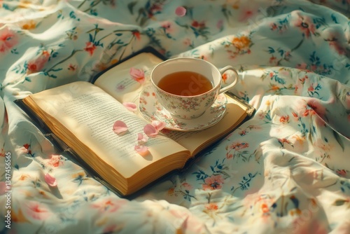 Enjoying a peaceful moment with a book and tea on a floral patterned blanket in soft afternoon sunlight