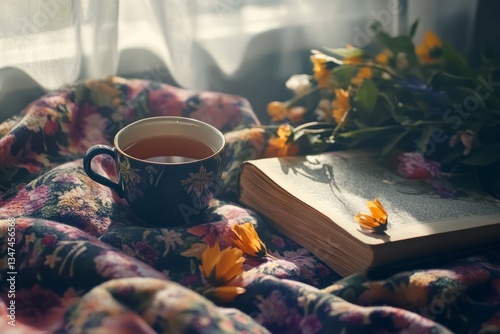 Obraz na płótnie Warm cup of tea beside an open book with flowers on a cozy blanket in soft morning light w salonie