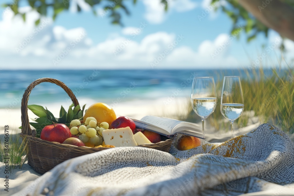 Relaxing beach picnic with fresh fruits, cheese, and wine under a sunny sky by the sea during a calm afternoon