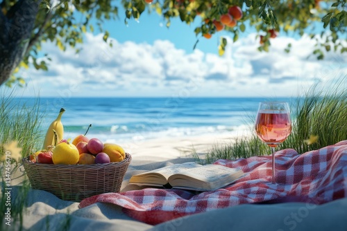 Obraz na płótnie Enjoying a sunny picnic by the beach with fresh fruits and a book in hand w salonie