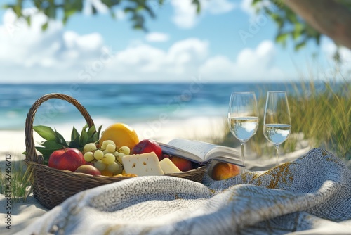 Obraz na płótnie Relaxing beach picnic with fresh fruits, cheese, and wine under a sunny sky by the sea during a calm afternoon w salonie