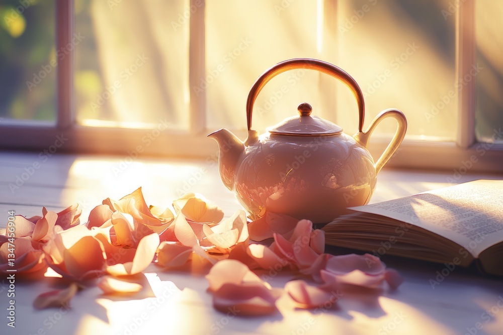 Sunlight filters through a window illuminating a teapot and petals beside an open book in a tranquil setting