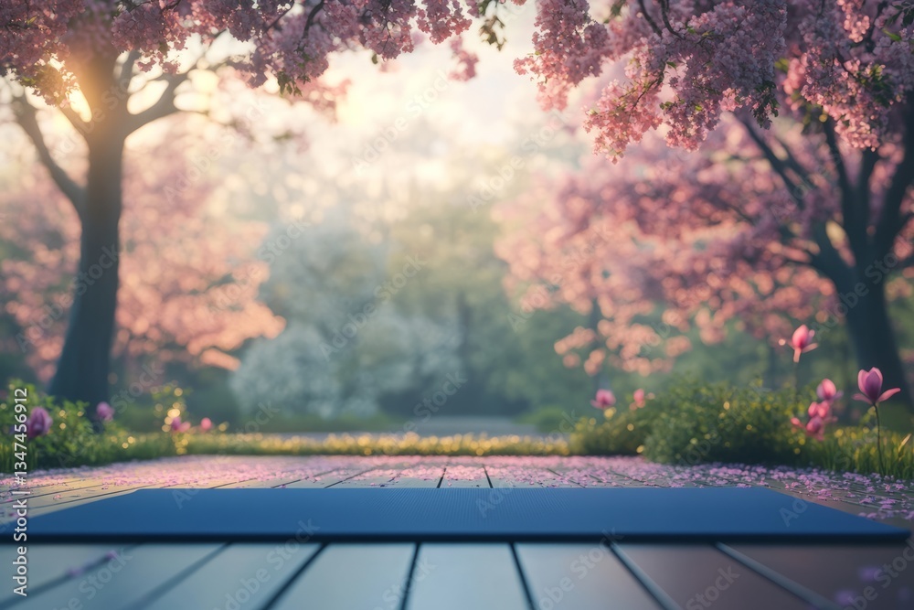 Peaceful yoga setting surrounded by blooming cherry blossom trees in a serene nature park during sunset