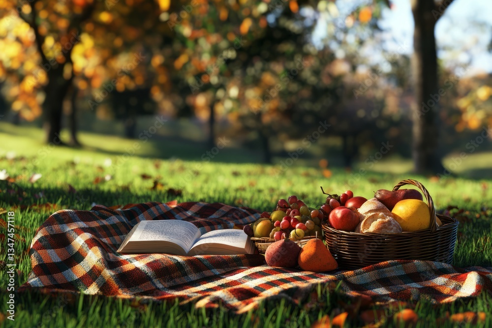 Enjoying a relaxing afternoon in the park with a picnic spread and a good book surrounded by autumn foliage