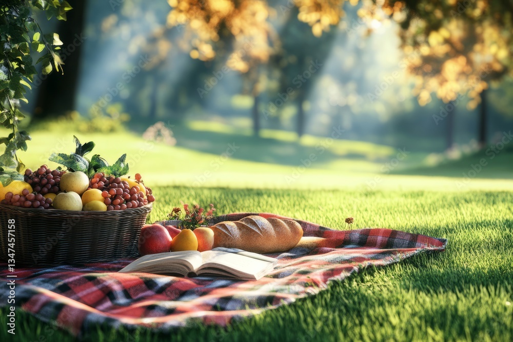 Enjoying a serene picnic with fresh fruit and bread on a sunny day in a lush park setting