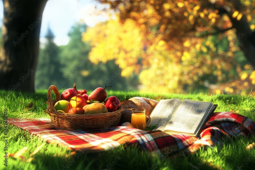 Cozy autumn picnic with fruits, bread, and a book on a sunny day in a vibrant park