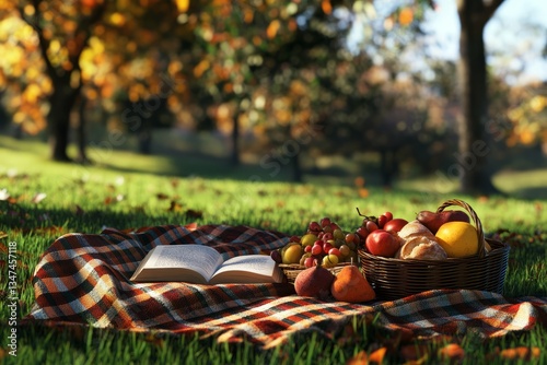 Obraz na płótnie Enjoying a relaxing afternoon in the park with a picnic spread and a good book surrounded by autumn foliage w salonie