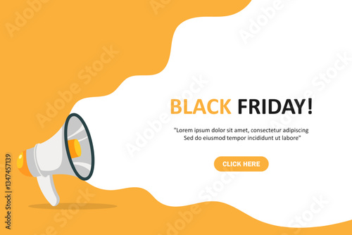 Megaphone with Black friday speech bubble. Loudspeaker. Banner for business, marketing and advertising. Vector illustration.