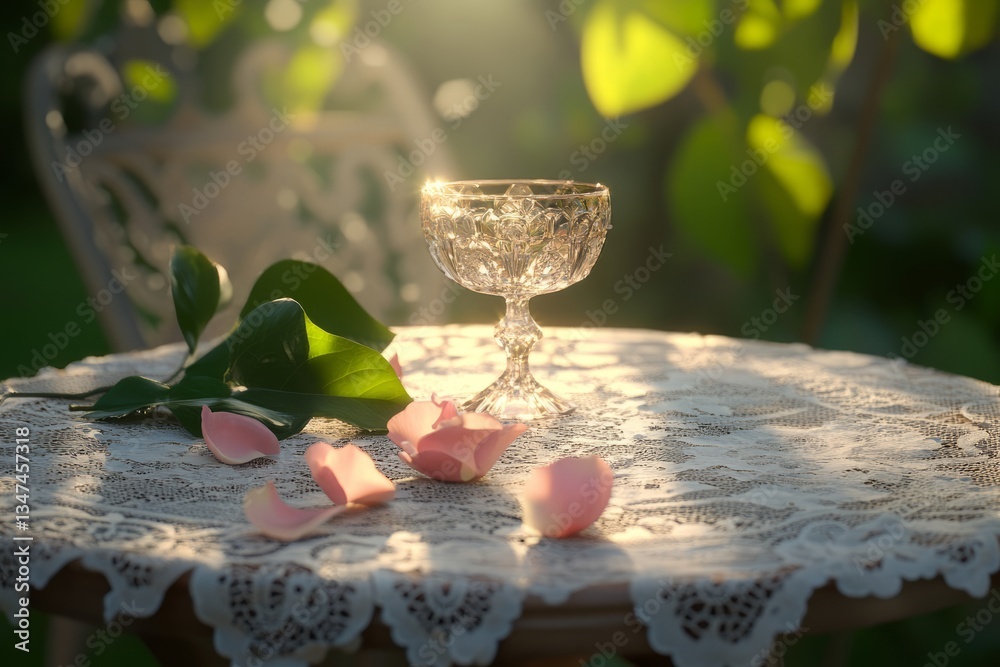 Delicate crystal glass with pink rose petals on lace-covered table in a serene garden during golden hour