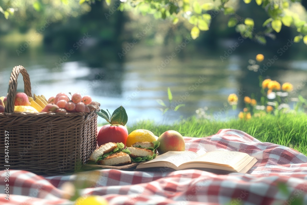 Relaxing picnic by the serene lake with a basket of fresh fruits and sandwiches, enjoying nature on a sunny day