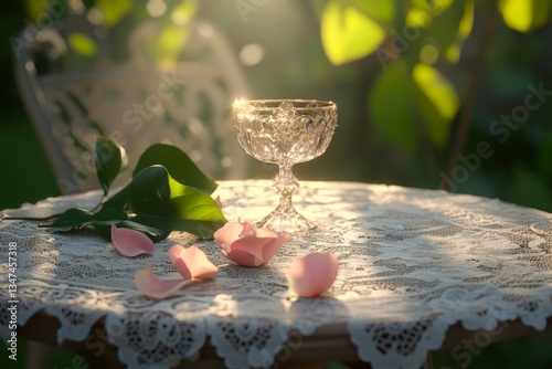 Obraz na płótnie Delicate crystal glass with pink rose petals on lace-covered table in a serene garden during golden hour w salonie