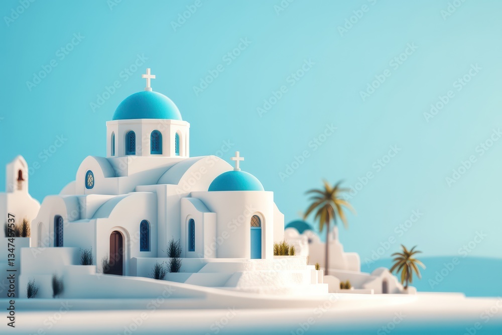 Stunning white buildings with blue domes and palm trees under a clear sky in a coastal town Stunning white buildings with blue domes and palm trees under a clear sky in a coastal town