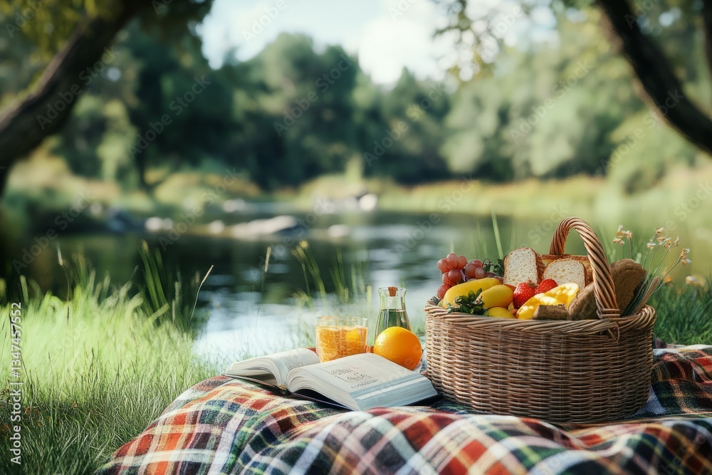 Relaxing picnic by the river with a basket of fruits and a book under a sunny sky in a serene natural setting