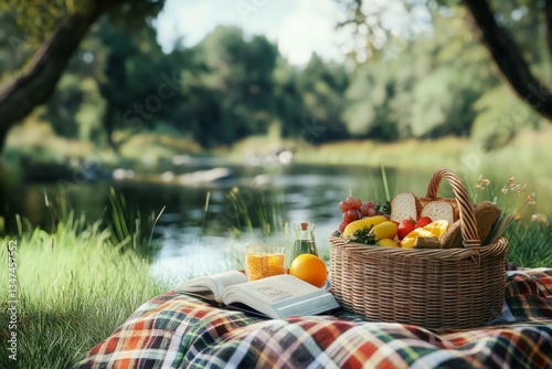 Obraz na płótnie Relaxing picnic by the river with a basket of fruits and a book under a sunny sky in a serene natural setting w salonie