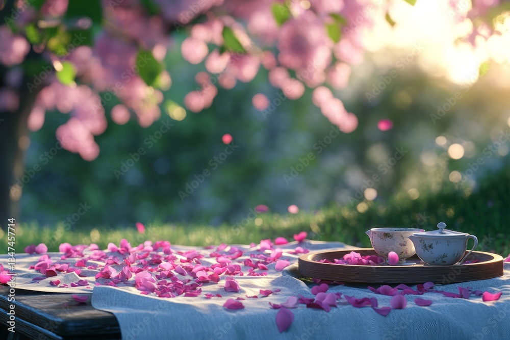 Enjoying tea among vibrant cherry blossom petals in a serene garden during springtime