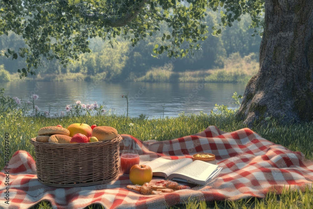 Relaxing picnic by the serene riverbank with a blanket and basket filled with fresh fruits and snacks