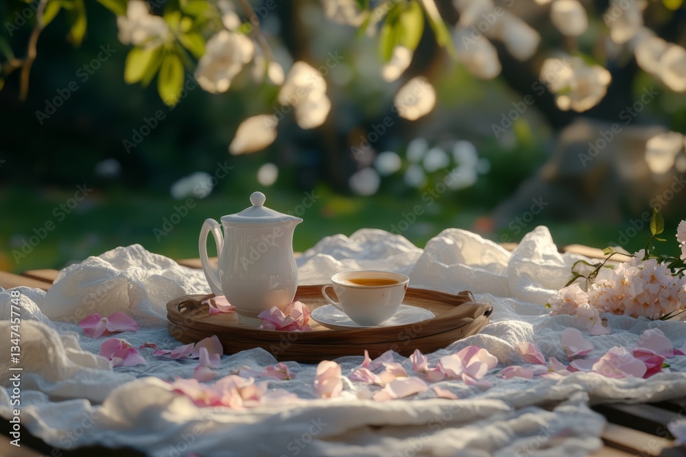 Exquisite tea setting amongst blooming flowers in a serene garden during golden hour