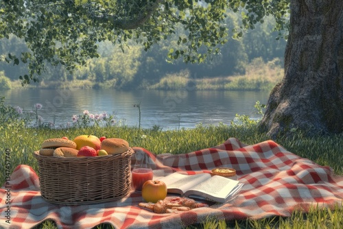 Obraz na płótnie Relaxing picnic by the serene riverbank with a blanket and basket filled with fresh fruits and snacks w salonie