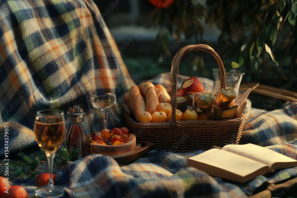 Enjoying a cozy autumn picnic with fresh fruits, bread, and drinks in a serene outdoor setting