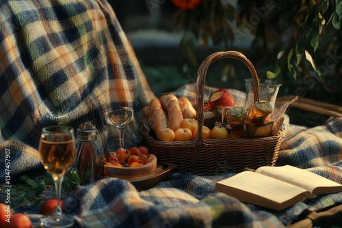 Obraz na płótnie Enjoying a cozy autumn picnic with fresh fruits, bread, and drinks in a serene outdoor setting w salonie