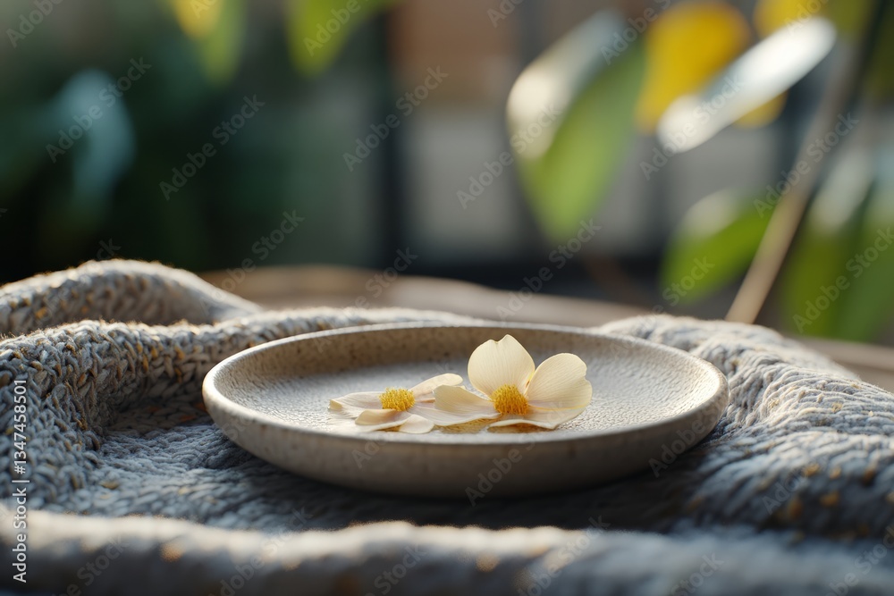 Fresh flowers delicately arranged on a textured cloth in a tranquil indoor environment during the afternoon