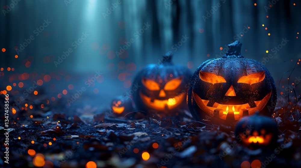 Naklejka premium Spooky Halloween background glowing pumpkins fog and negative space for text