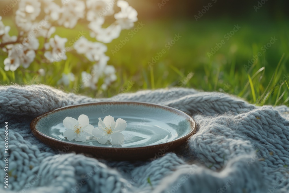 Blossoming flowers resting on a ceramic plate amidst a soft blanket in a serene outdoor setting during golden hour