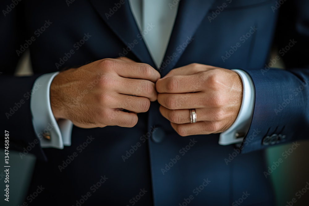 Obraz premium Man in suit and tie adjusting his cuff against city skyline.