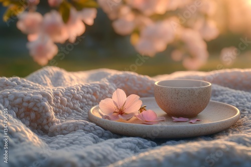 Obraz na płótnie Delicate cherry blossom arrangement with tea set on cozy blanket during sunset in serene outdoor setting w salonie