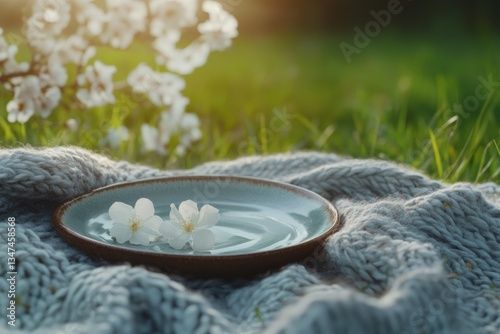 Obraz na płótnie Blossoming flowers resting on a ceramic plate amidst a soft blanket in a serene outdoor setting during golden hour w salonie