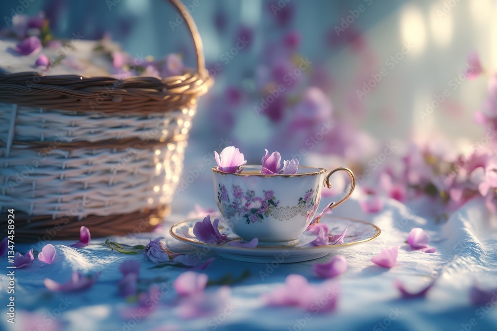 Floral tea set with delicate petals surrounded by a wicker basket and scattered blossoms in soft afternoon light